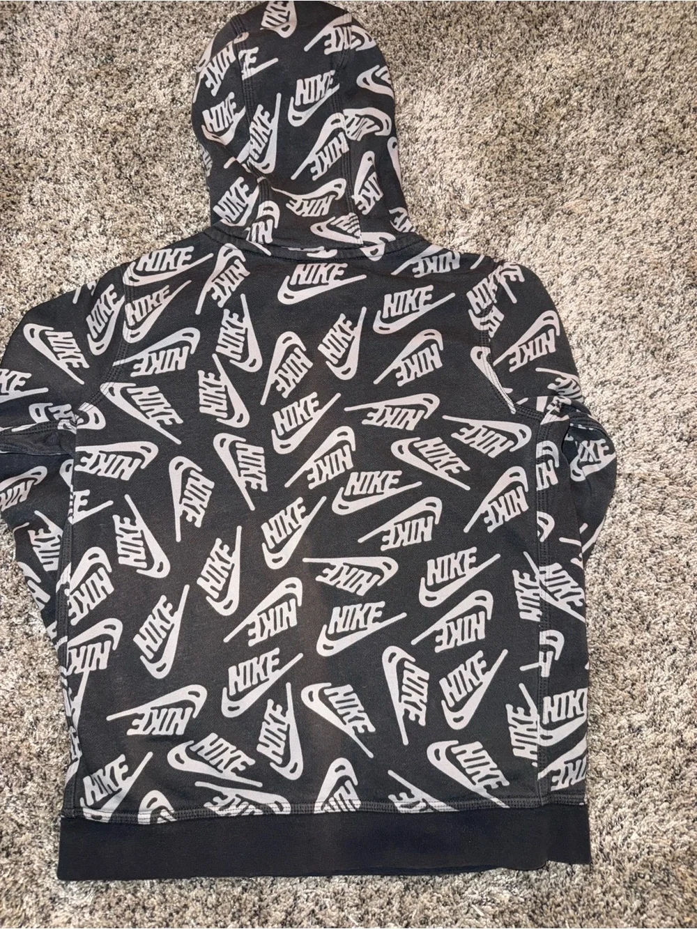 Nike Black Hoodie with White All-Over Swoosh Print and Neon Green Accent Youth L